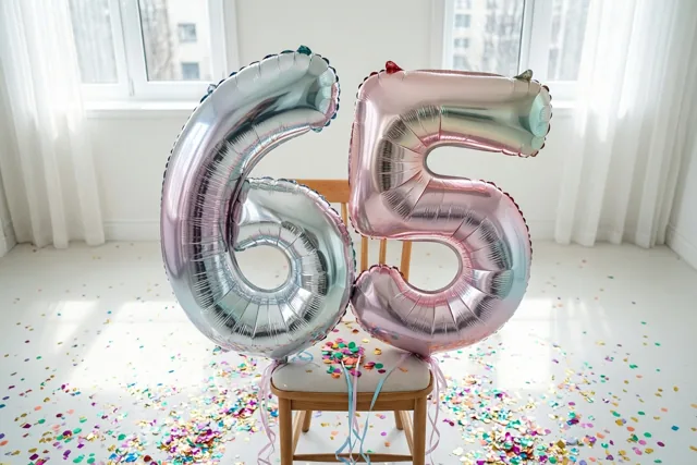 Twee grote folieballonnen in de vorm van 6 en 5 zijn aan een houten stoel vastgemaakt, met confetti op de vloer en daglicht door witte gordijnen.