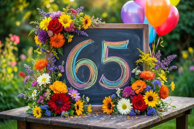 Een krijtbord met 65 in gekleurd krijt staat met kleurrijke bloemen op een houten tuintafel, met ballonnen op de achtergrond.