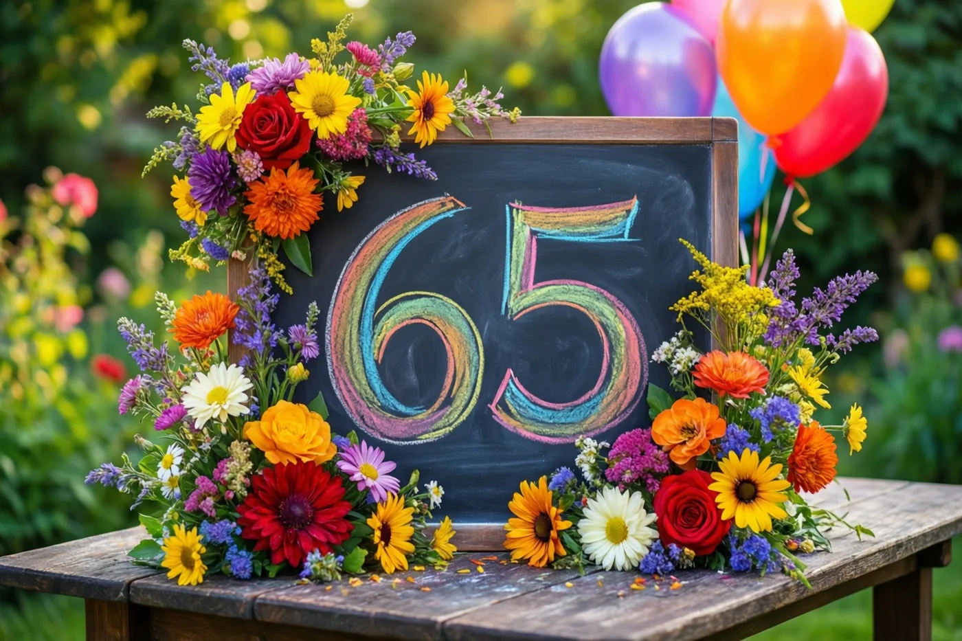 Een krijtbord met 65 in gekleurd krijt staat met kleurrijke bloemen op een houten tuintafel, met ballonnen op de achtergrond.