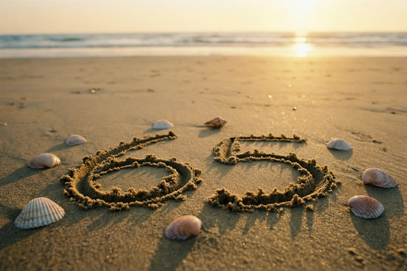 Het getal 65 is in het strandzand getekend tussen verspreide schelpen, met de zee op de achtergrond in goudkleurig licht bij zonsondergang.