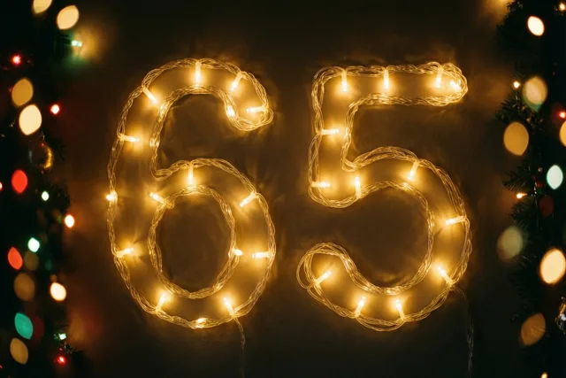 Warme lichtjes vormen 65 tegen een donkere muur, omlijst door onscherpe feestlichtjes en dennentakken.