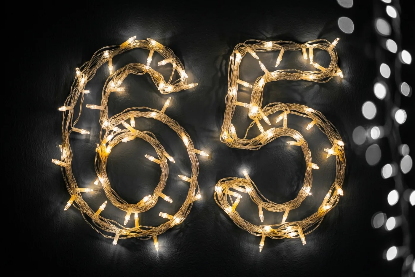 Het getal 65 is gevormd met warme lichtjes tegen een donkere muur, met wazige lichtpuntjes op de achtergrond.