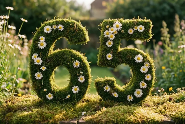 Een met mos bedekte haag vormt 65 en is versierd met madeliefjes in een landelijke tuin in warm zonlicht.