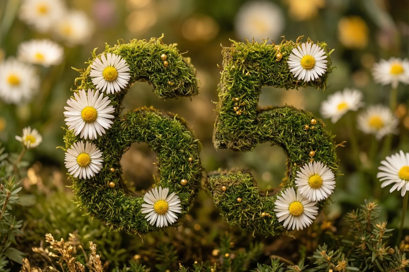 Het getal 65 is gemaakt van groen mos en versierd met witte madeliefjes, tegen een onscherpe tuinachtergrond.