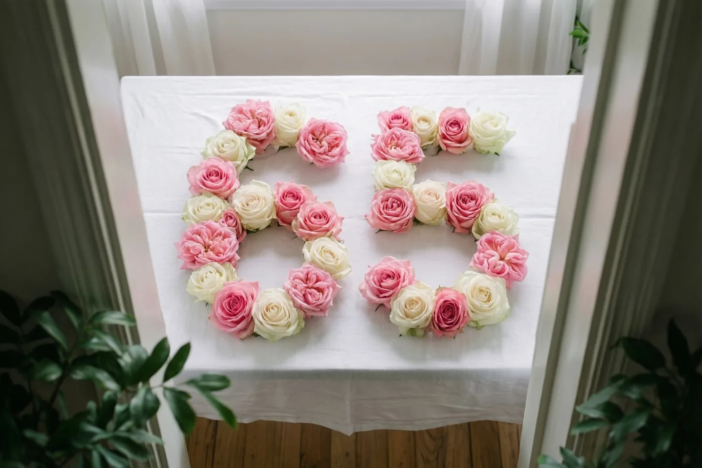 Roze en witte rozen vormen 65 op een wit tafelkleed, van bovenaf gezien, met daglicht door gordijnen en groene planten langs de randen.