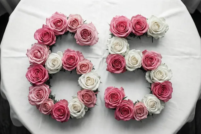 Van bovenaf zijn roze en witte rozen te zien die 65 vormen op een wit tafelkleed.