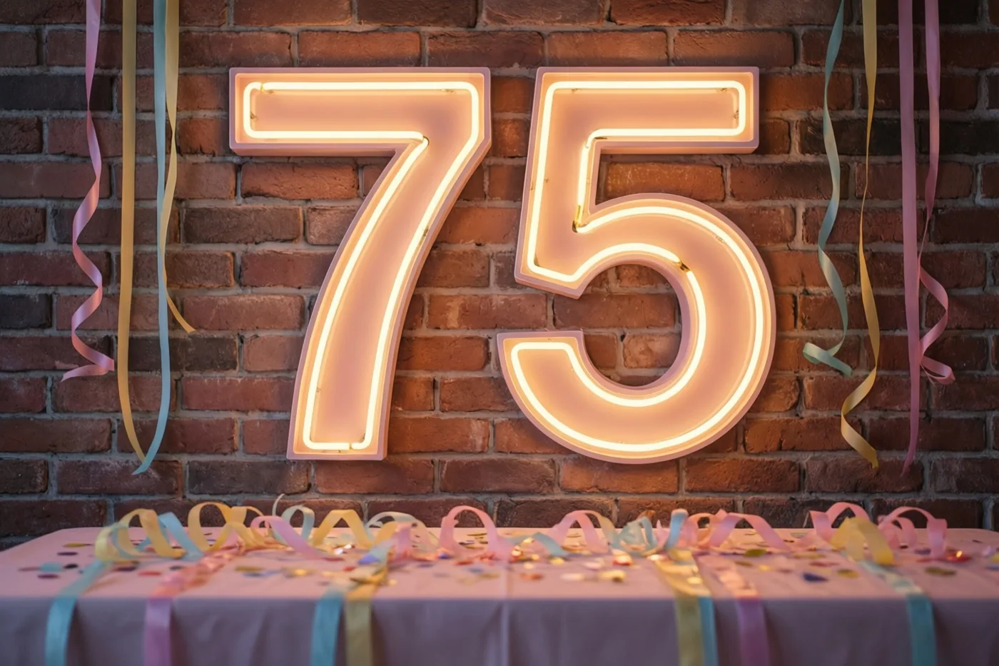 Een grote lichtgevende 75 in neon hangt aan een rode bakstenen muur boven een feesttafel met kleurrijke slingers en confetti.