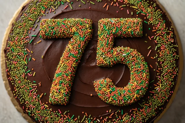 Van bovenaf is een ronde chocoladetaart te zien met 75 in gekleurde suikerstrooisels en groene, oranje, roze en gele strooisels op het chocoladeglazuur.