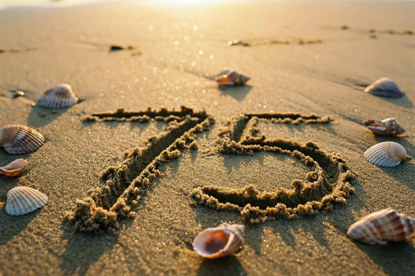 Het getal 75 is in het zand van een strand getekend, met verspreide schelpen in het warme gouden licht van de zonsondergang.