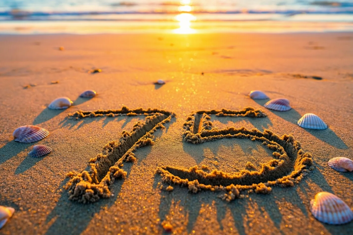 Het getal 75 staat in het strandzand tussen verspreide schelpen, bij een zonsondergang in gouden en oranje tinten.