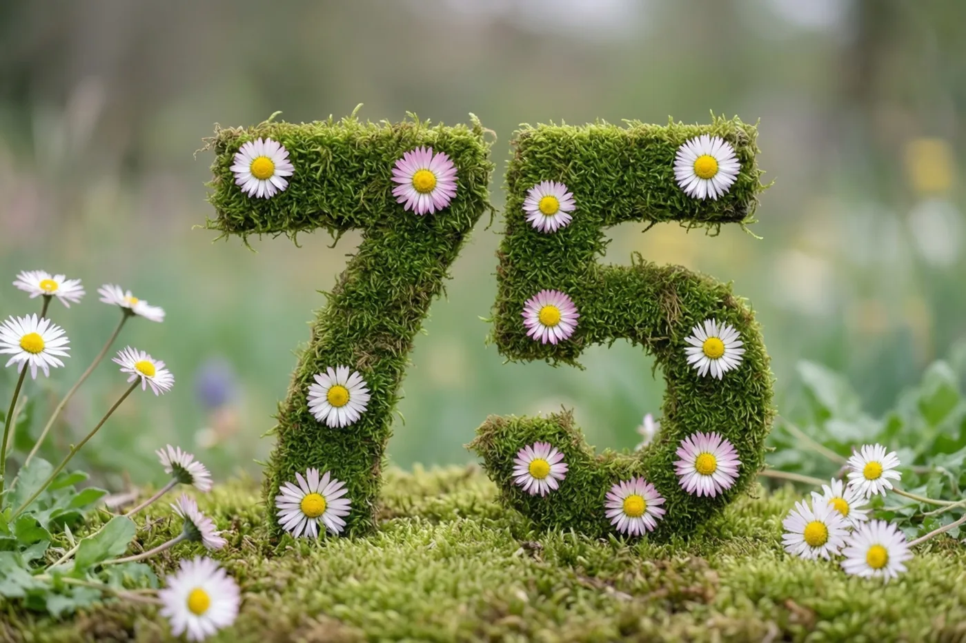 Groen mos vormt 75 met witte en roze madeliefjes in een landelijke tuin tegen een wazige natuurlijke achtergrond.