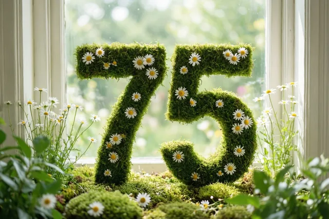 Een 75 van groen mos met witte madeliefjes staat op een vensterbank met een wazig uitzicht op de tuin.
