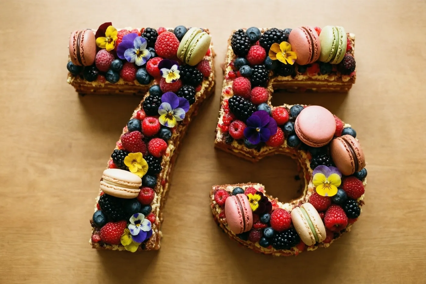Een taart in de vorm van 75 met frambozen, bramen, blauwe bessen, macarons en eetbare bloemen staat op een lichtbruine houten ondergrond.