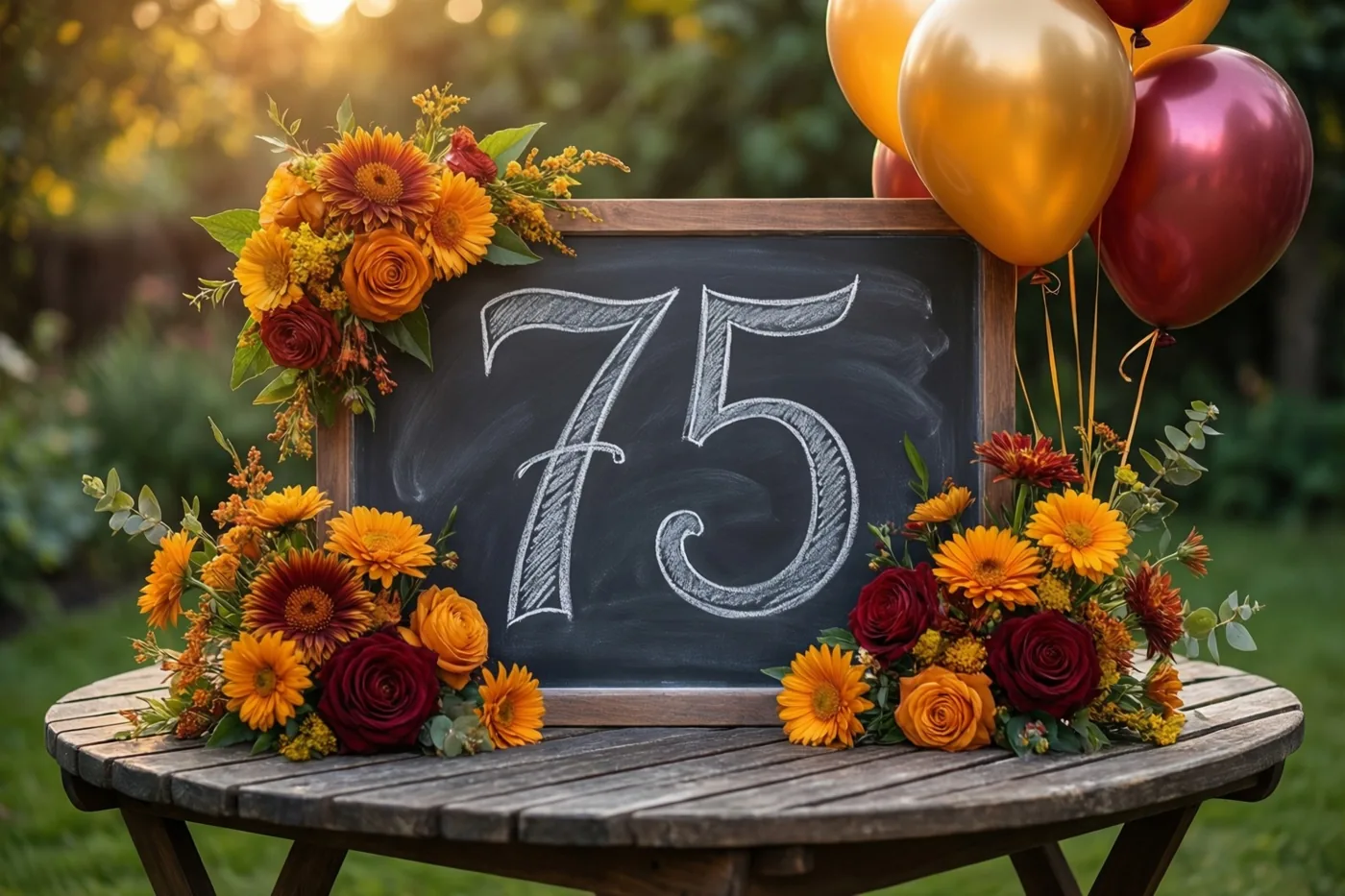 Een krijtbord met 75 in wit krijt staat op een houten tuintafel tussen herfstbloemen en gekleurde ballonnen in warm gouden zonlicht.