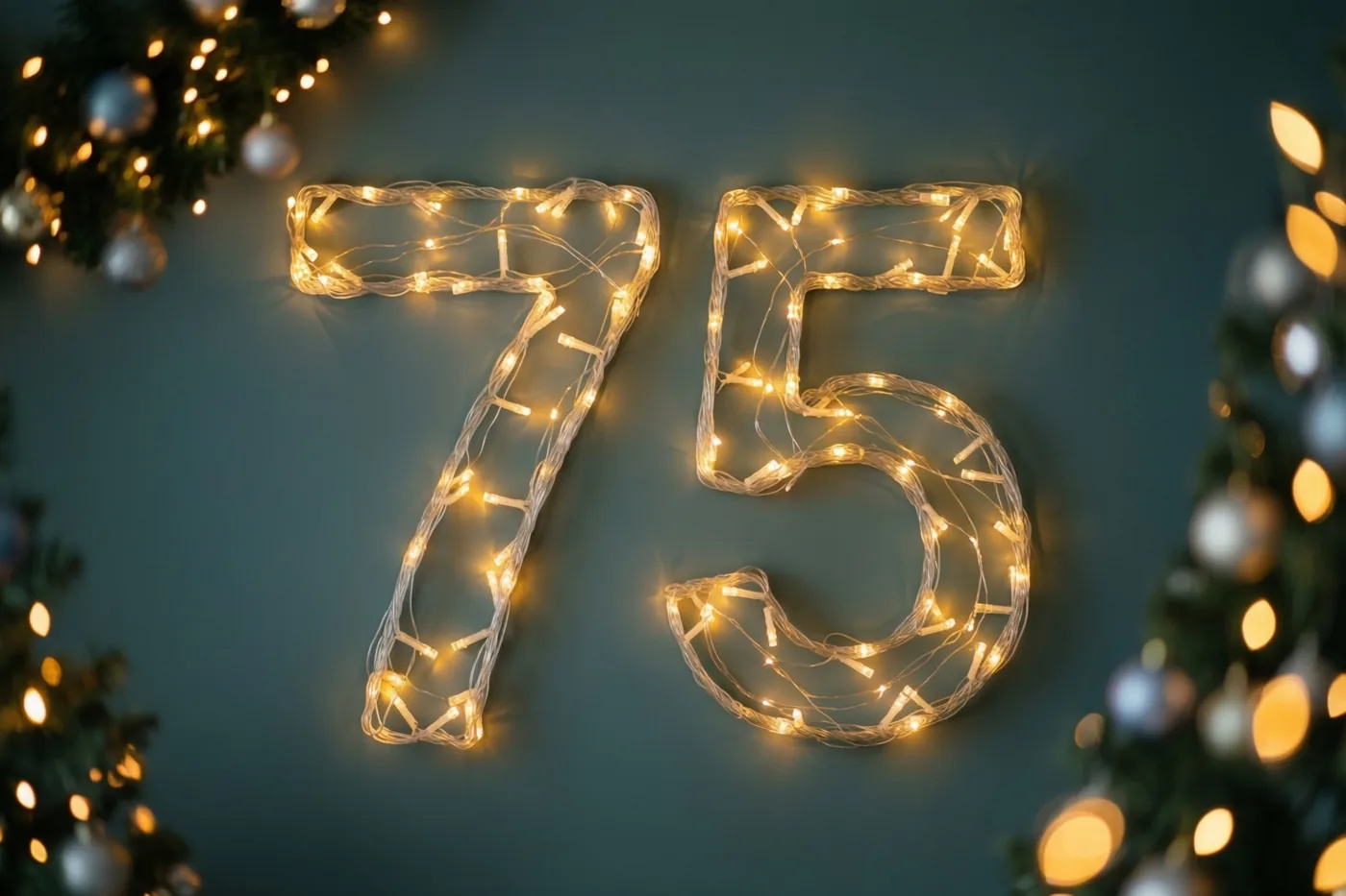 Warme gele lichtjes vormen 75 tegen een donkere blauwgroene muur, omlijst door wazige kerstboomtakken met versiering.