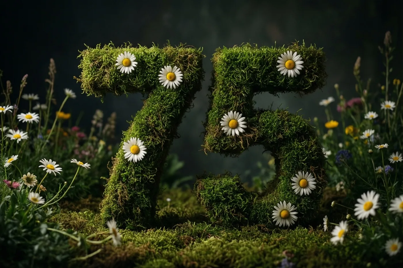 Het getal 75 is gevormd uit een groene, met mos begroeide haag en versierd met witte madeliefjes in een landelijke tuin tegen een donkere achtergrond.