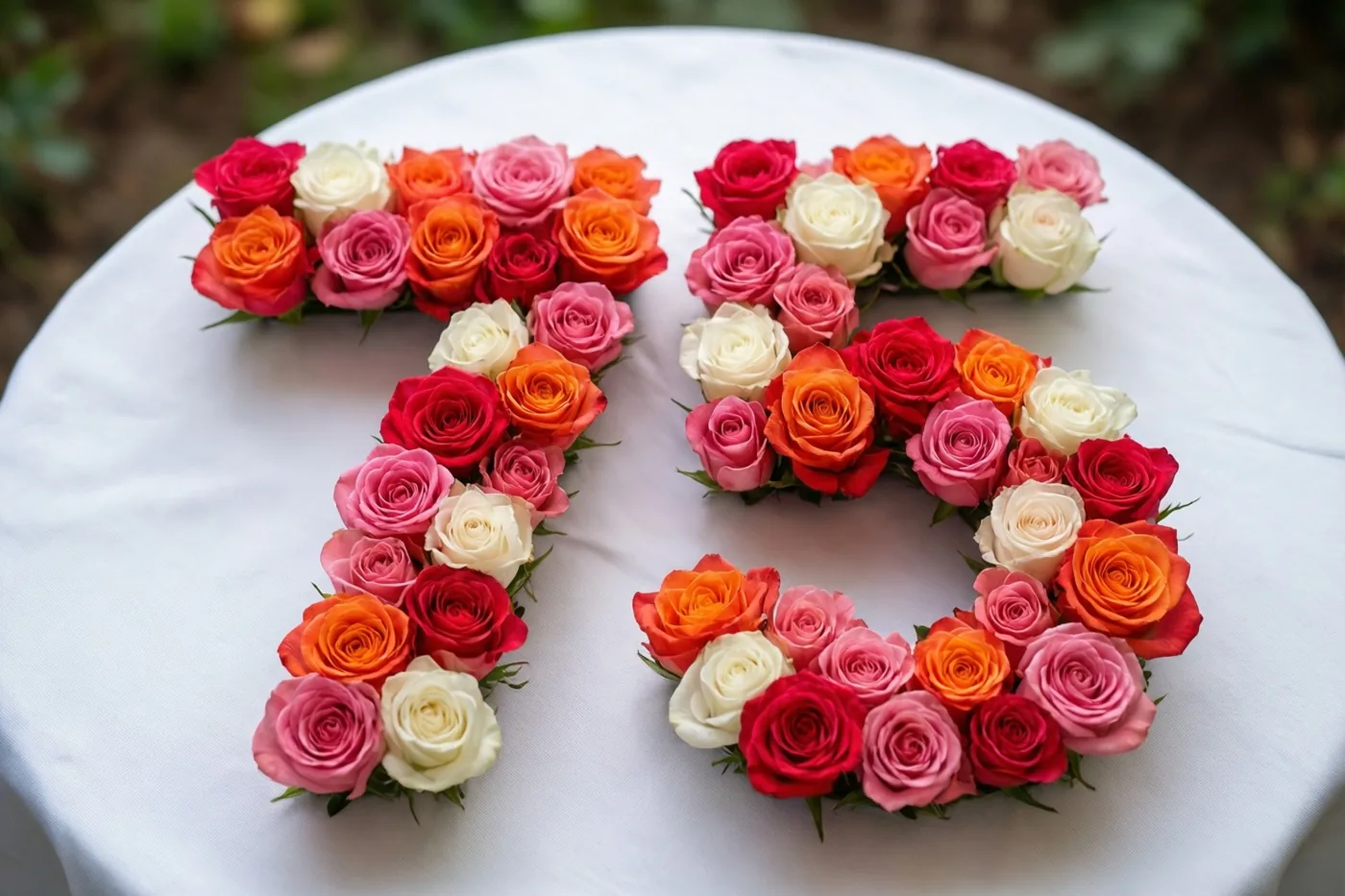 Van bovenaf zijn roze en witte rozen te zien die 75 vormen op een wit tafelkleed tegen een zachte natuurlijke achtergrond.