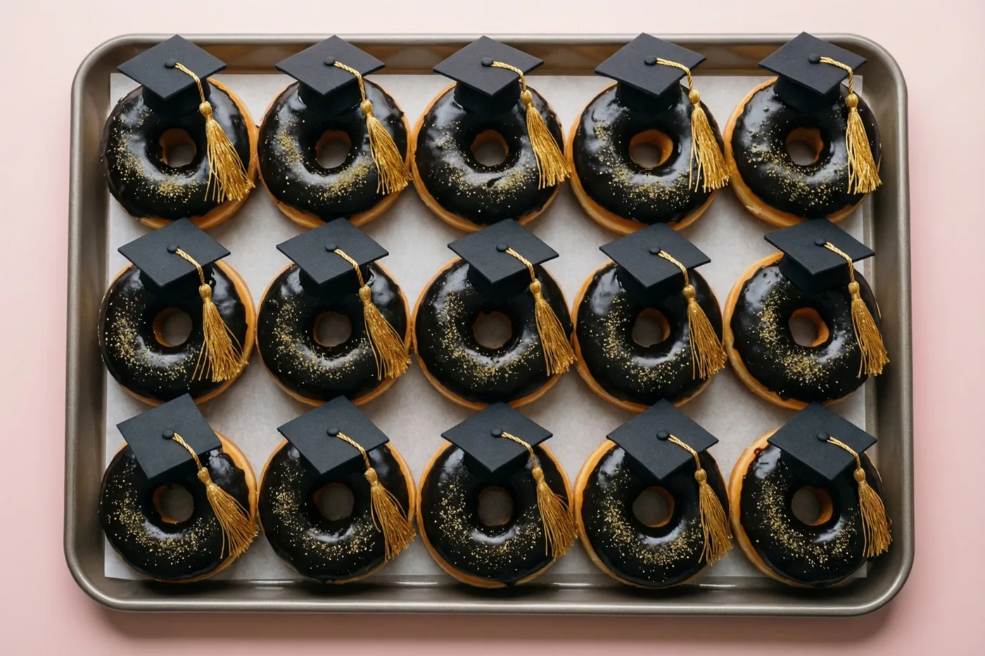 Vijftien donuts met zwart glazuur, kleine afstudeerhoedjes en gouden suikerkwastjes liggen op een dienblad tegen een zachtroze achtergrond.