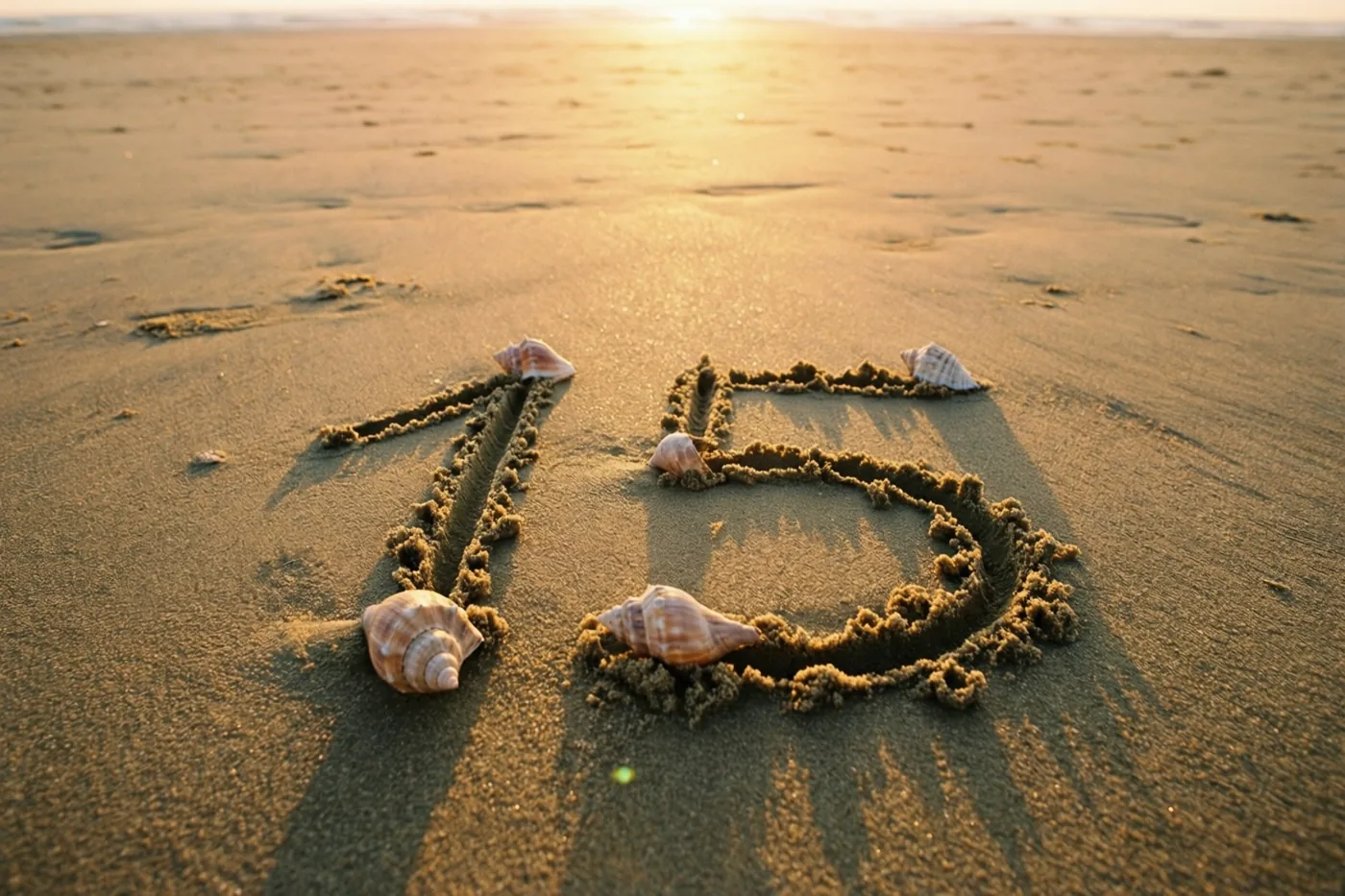Het getal 15 is in strandzand getekend met schelpen eromheen, in het warme gouden licht van de zonsondergang.