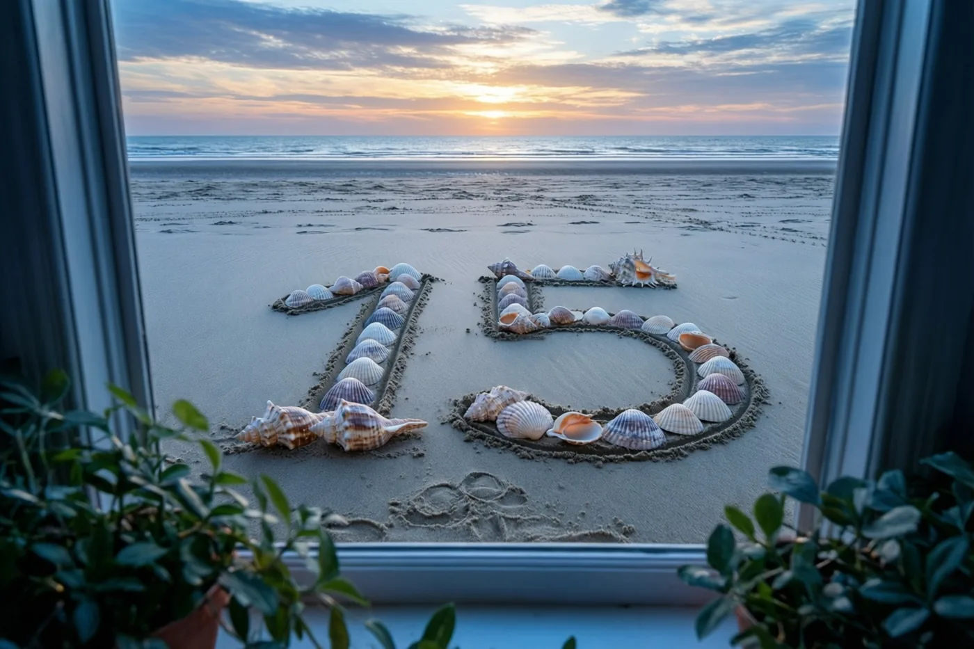 Door een raamkozijn met potplanten op de voorgrond is het getal 15 van schelpen in strandzand te zien bij een oranjeblauwe zonsondergang.