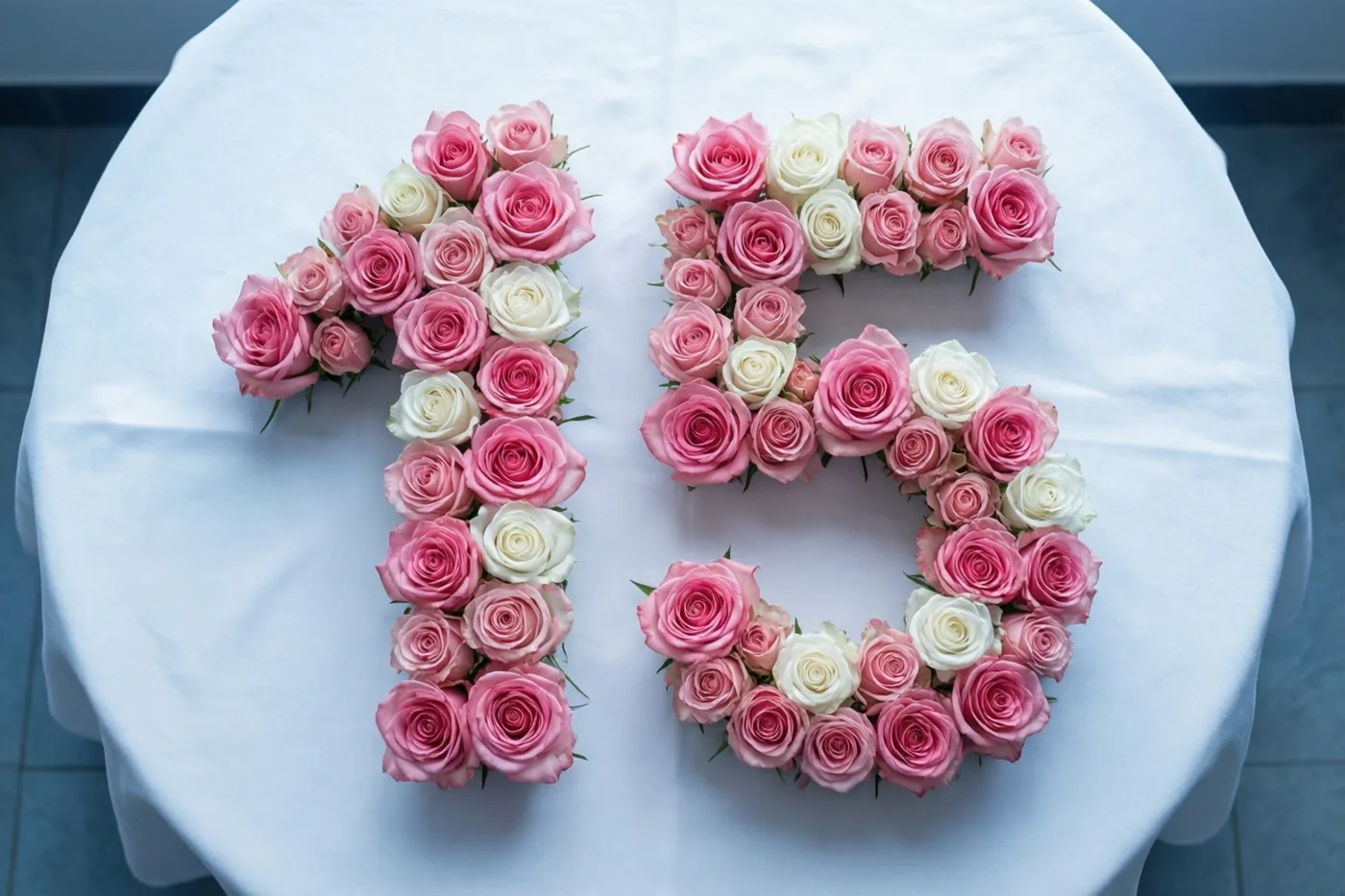 Van bovenaf zijn roze en witte rozen te zien die het getal 15 vormen op een wit tafelkleed.