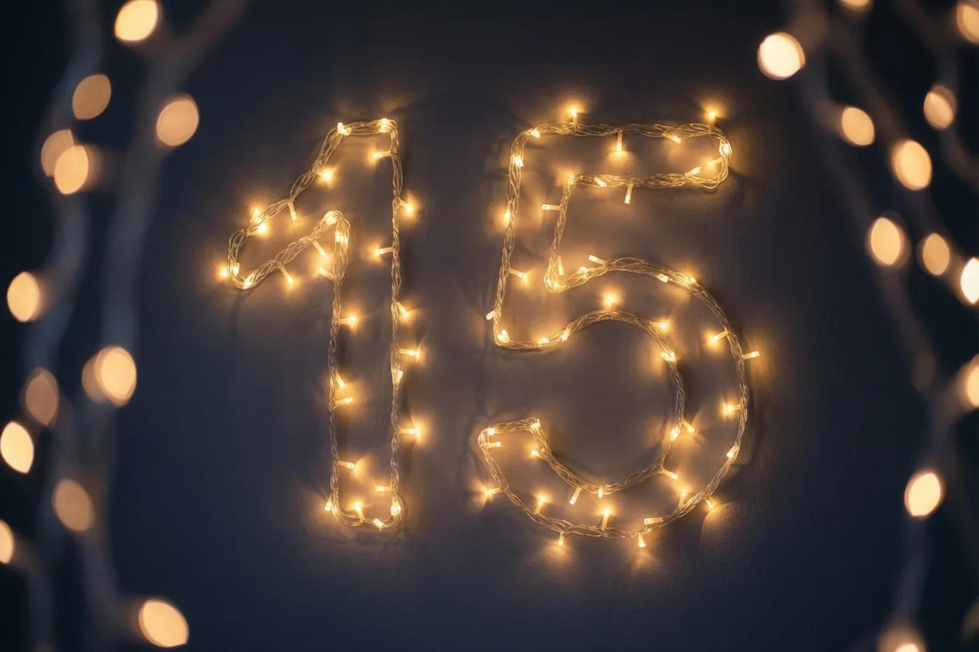 Warme lichtjes vormen het getal 15 op een donkere muur, met onscherpe lichtpunten op de achtergrond.