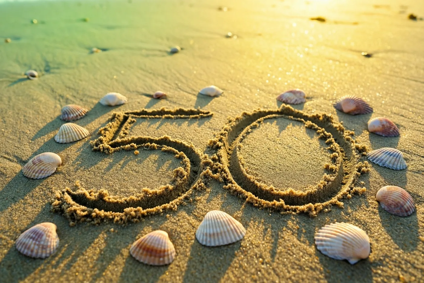 Het getal 50 is in strandzand getekend tussen verspreide schelpen bij zonsondergang in warm gouden licht.