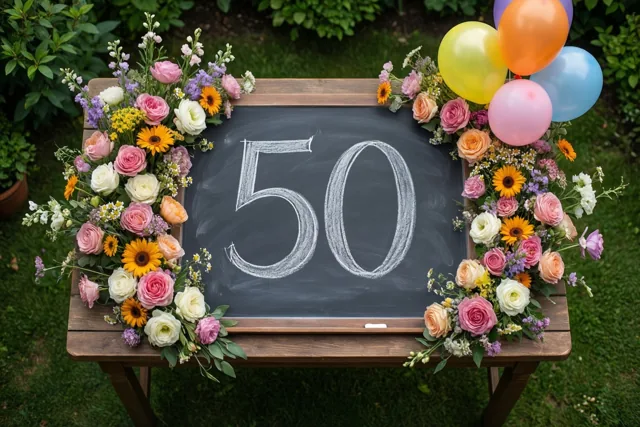 Een krijtbord met 50 in wit krijt staat op een houten tuintafel tussen kleurrijke bloemen en ballonnen, met groen gras en weelderige bladeren rondom.