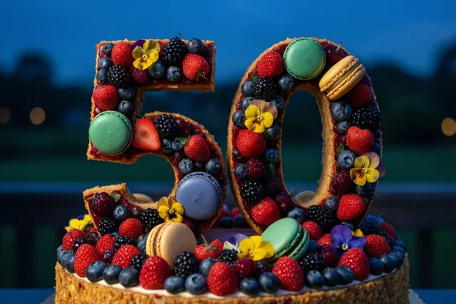 Een taart in de vorm van 50 met bessen, macarons en eetbare bloemen staat tegen een onscherpe blauwe schemerachtergrond.