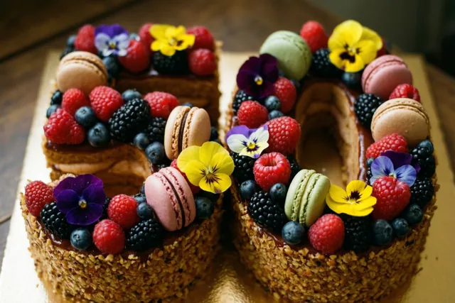 Een taart in de vorm van 50 met frambozen, bramen, blauwe bessen, macarons en eetbare bloemen staat op een goudkleurig oppervlak tegen een houten achtergrond.