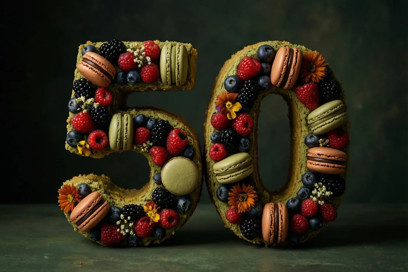 Een taart in de vorm van 50 is versierd met bessen, macarons en eetbare bloemen tegen een donkergroene achtergrond in zacht licht.