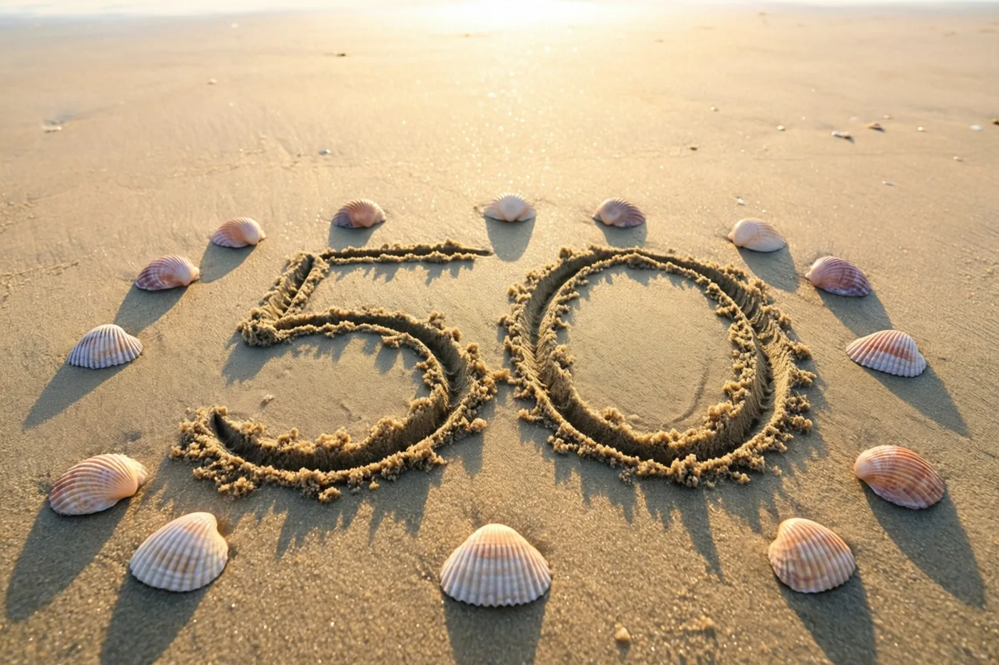Het getal 50 is in strandzand getekend en omringd door schelpen bij zonsondergang, in gouden en beige tinten.