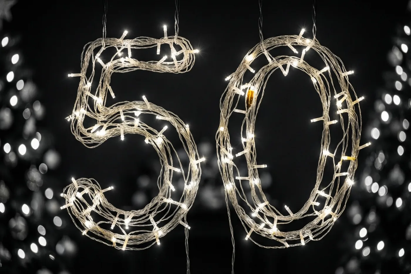 Warme gloeiende lichtjes vormen 50 tegen een donkere achtergrond met onscherpe lichtvlekken.