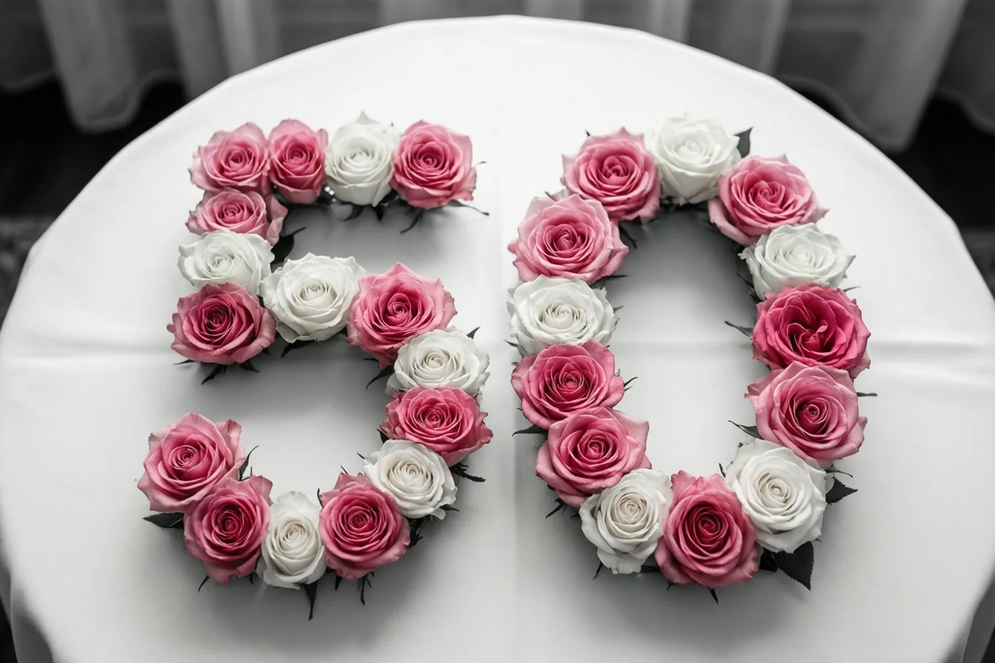 Roze en witte rozen vormen 50 op een wit tafelkleed, van bovenaf gezien in zacht licht.