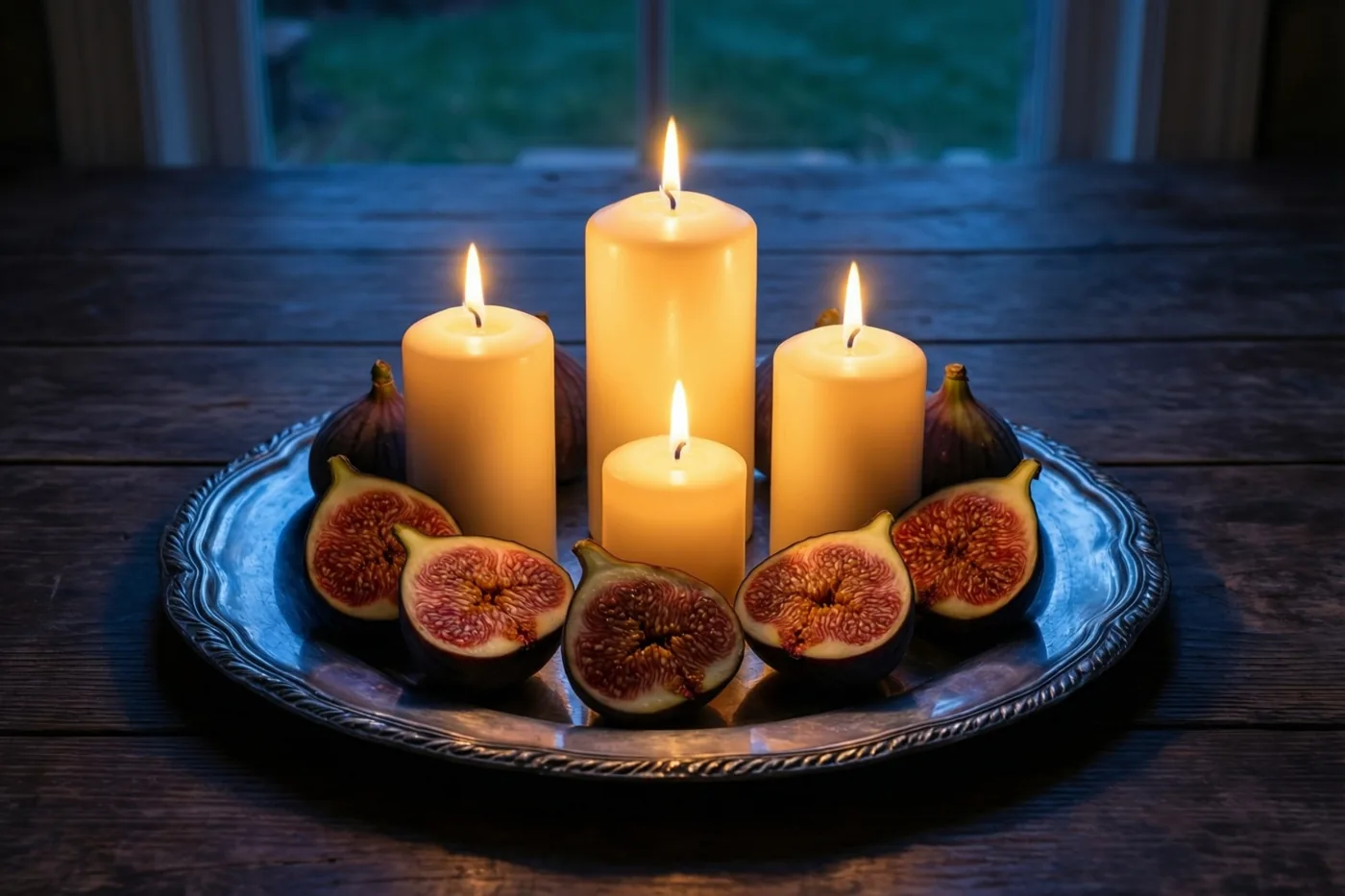 Brandende dinerkaarsen en gehalveerde verse vijgen liggen op een tinnen bord op een donkere houten tafel, verlicht door kaarslicht.