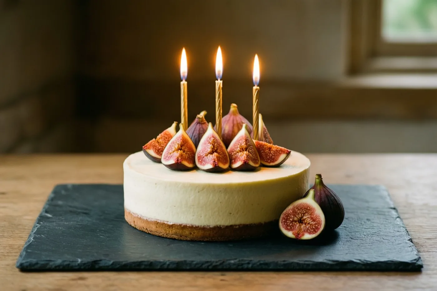 Een kaastaart met korst, verse vijgen en drie brandende kaarsjes staat op een donkere leisteen op een houten tafel, met een onscherp raam op de achtergrond.