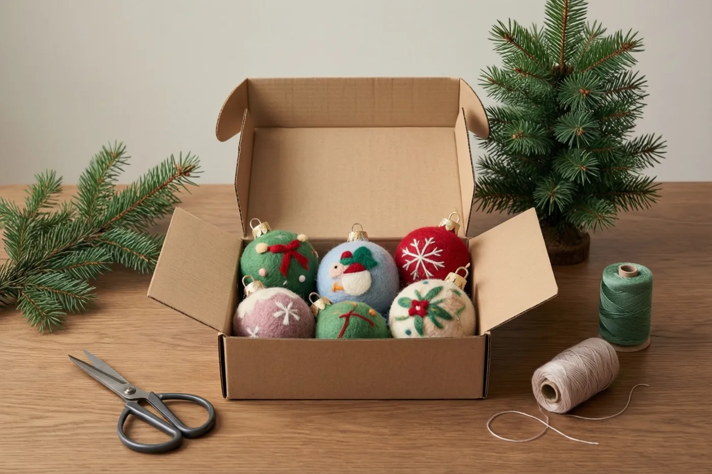 Een open kartonnen doos met kleurrijke handgemaakte vilten kerstversiering staat op een houten tafel tussen scharen en garenklosjes, met een klein dennenboompje ernaast.