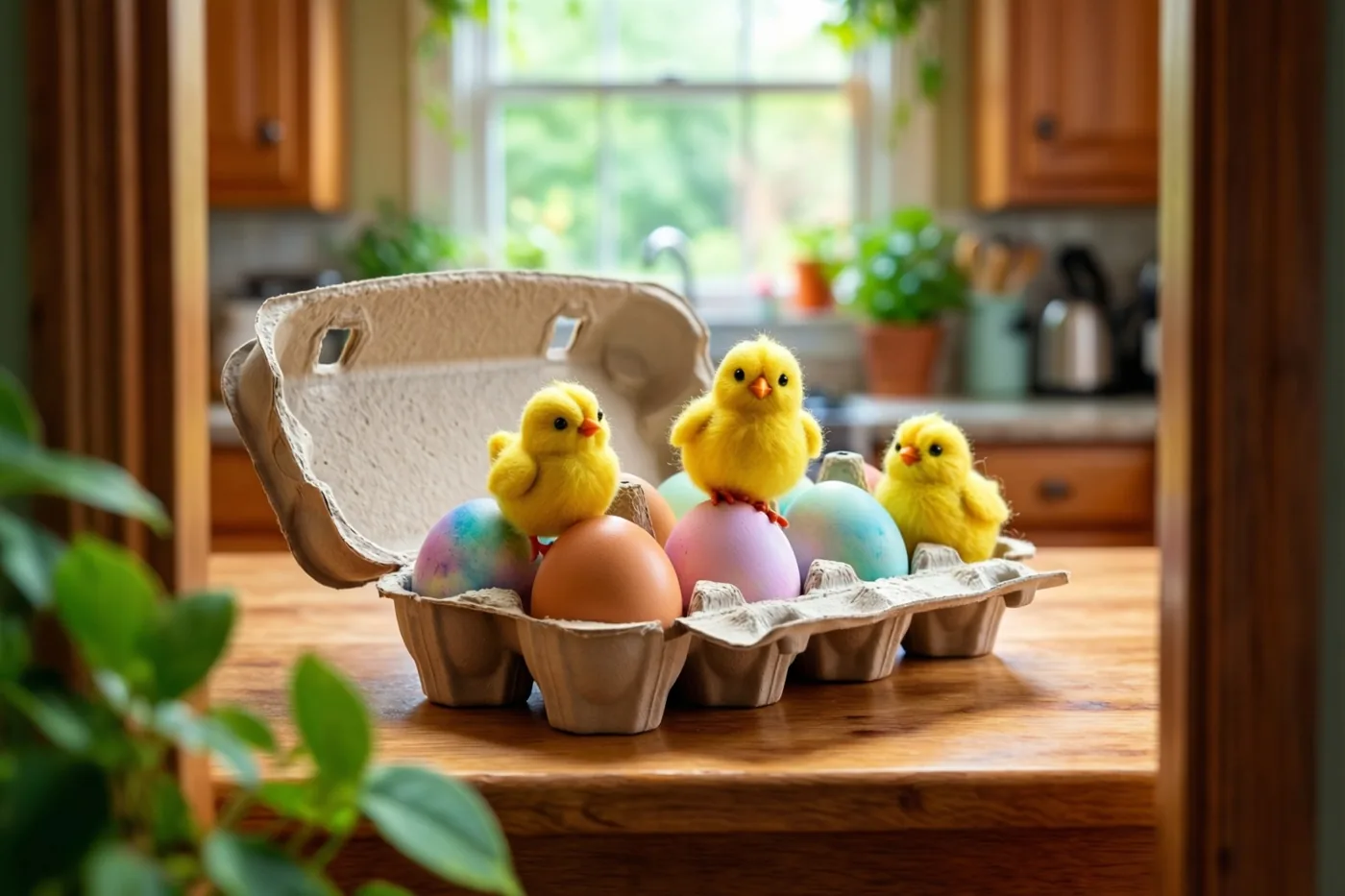 Drie gele vilten minikuikentjes zitten op pastelkleurige eieren in een open kartonnen eierdoos op een houten tafel in een lichte keuken met daglicht van een raam.