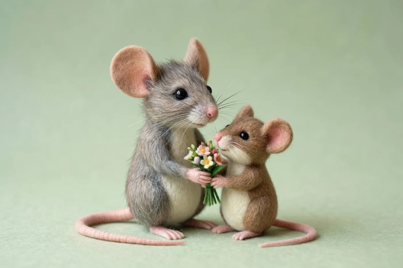 Twee vilten muizen, een grote en een kleine, zitten op een groene ondergrond met een klein boeketje voor een effen lichtgroene achtergrond.