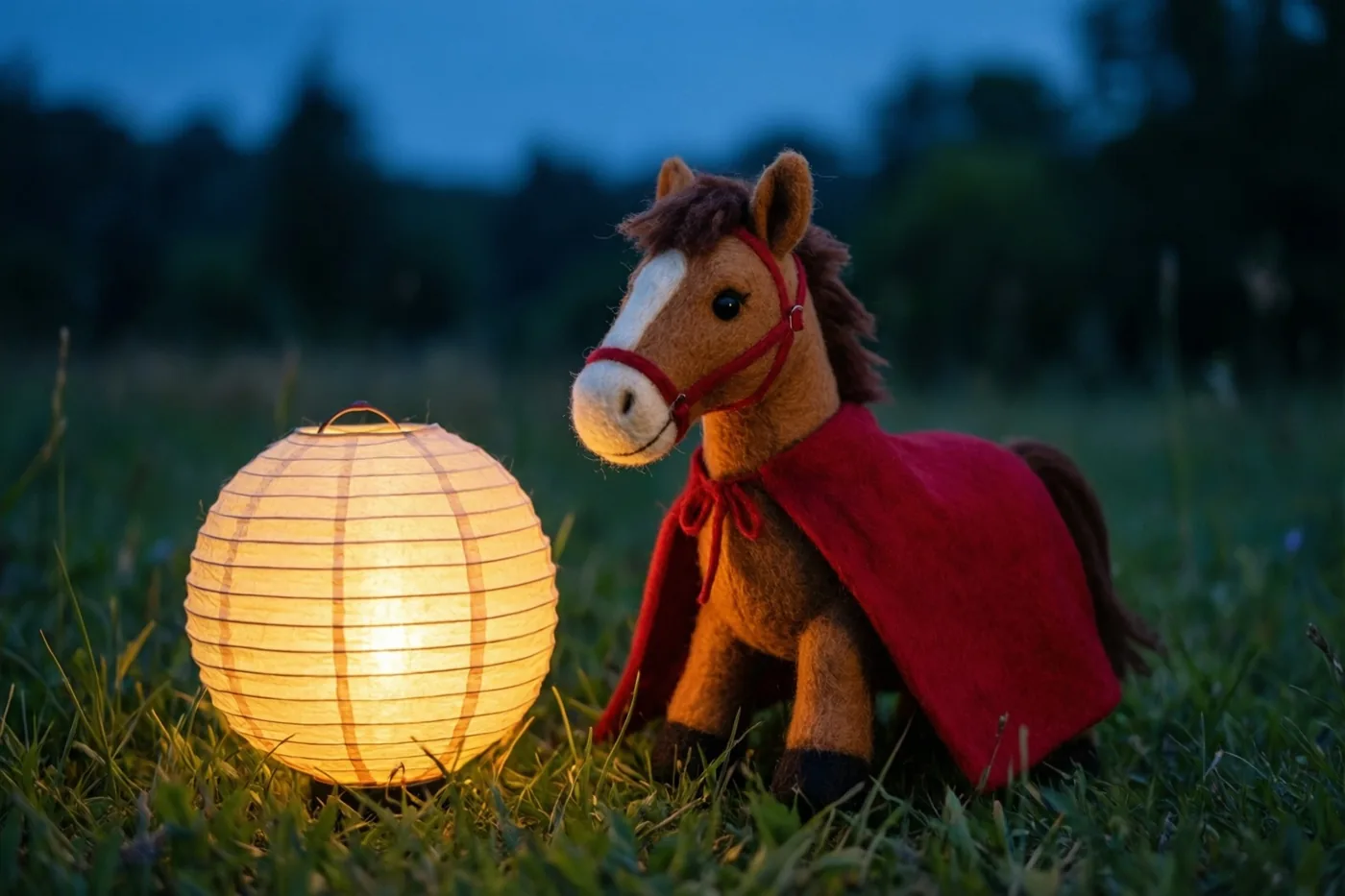 Een vilten speelgoedpaardje met een rode mantel zit in het gras naast een brandende papieren lantaarn, met een donkerblauwe avondlucht en onscherpe bomen op de achtergrond.