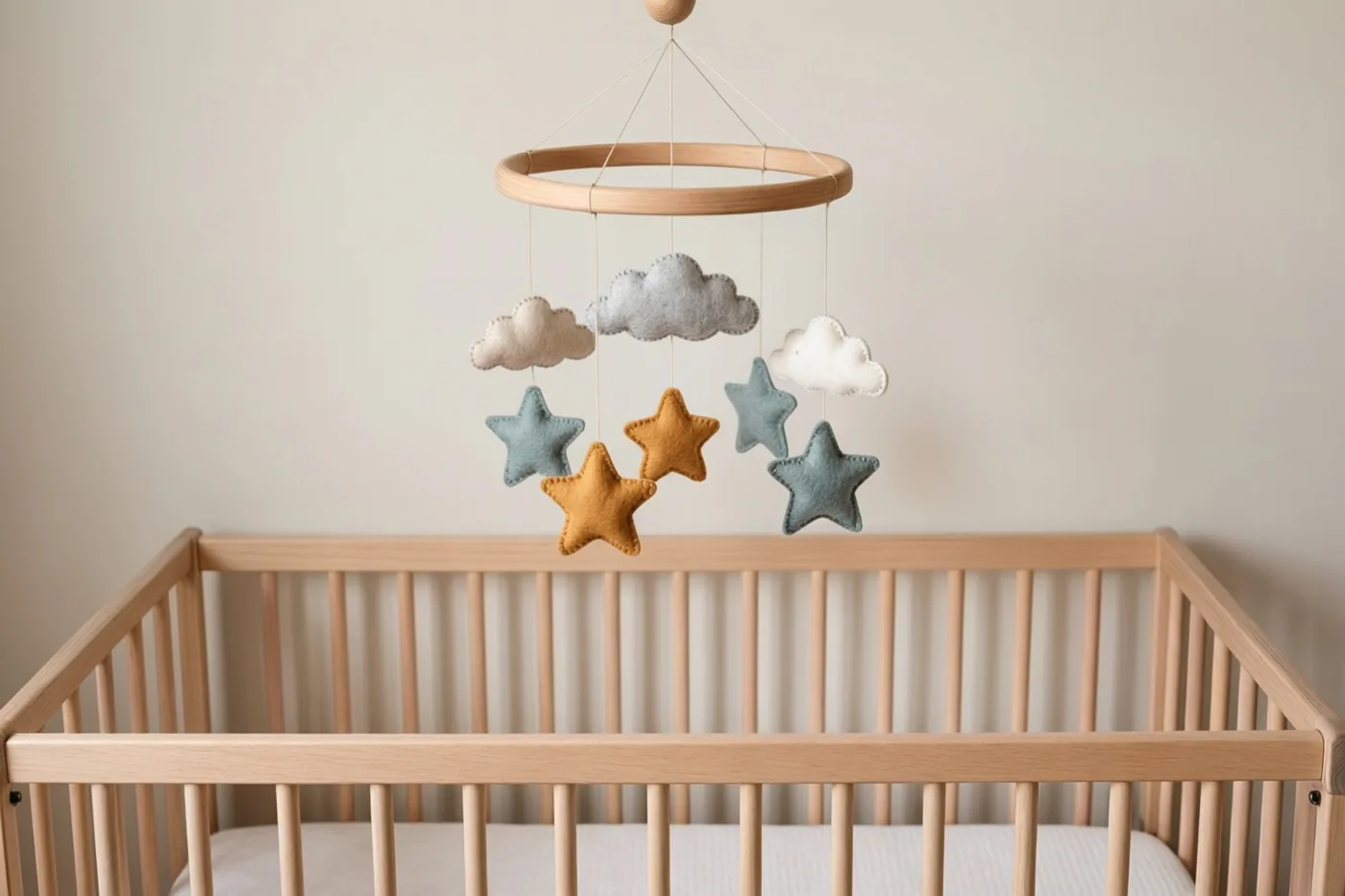 Een houten mobiel met vilten sterren en wolken hangt boven een leeg houten babybedje in een zacht verlichte babykamer met neutrale tinten.