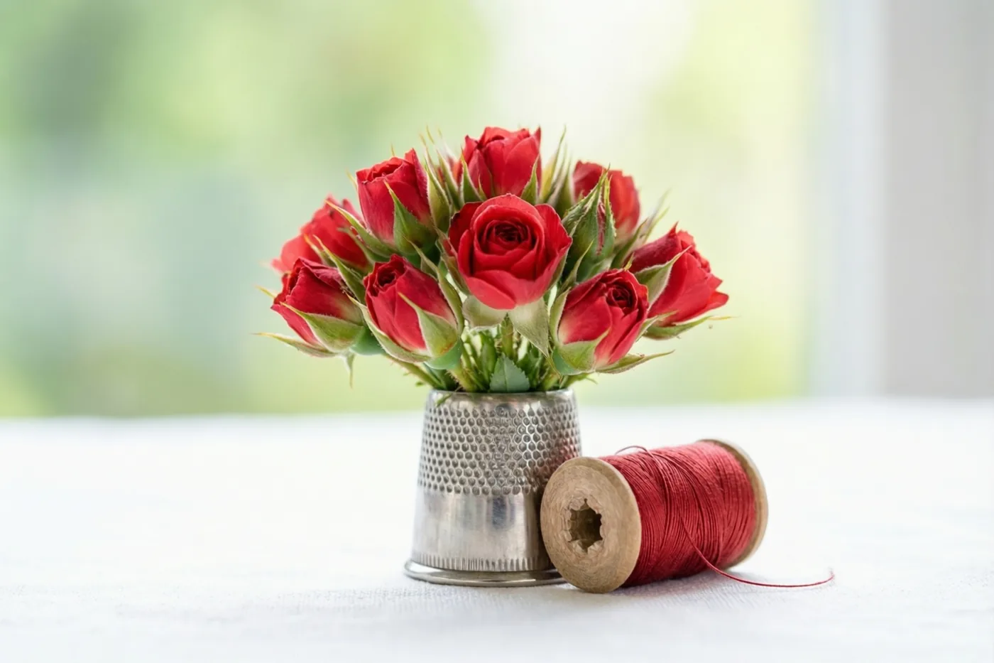 Een boeketje rode rozenknoppen staat in een zilveren vingerhoed op een wit oppervlak naast een houten klos rood garen, met een wazige achtergrond in natuurlijk licht.