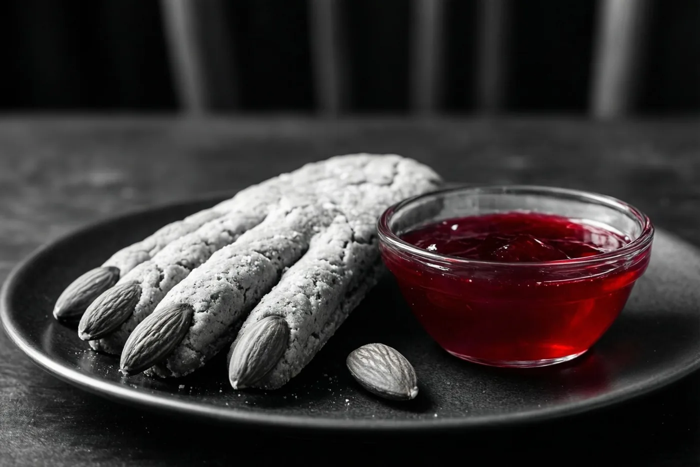 Vingervormige koekjes met amandelvormige nagels liggen op een donker bord naast een glazen kommetje felrode gelei in een verder zwart-witbeeld.