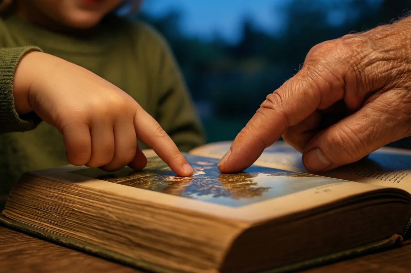 Een kindervinger en de vinger van een grootouder wijzen naar dezelfde illustratie in een oud, open verhalenboek tegen een wazige blauwe achtergrond.