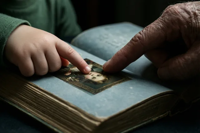 Een kindervinger en de vinger van een grootouder wijzen samen naar een portret in een oud, opengeslagen verhalenboek.
