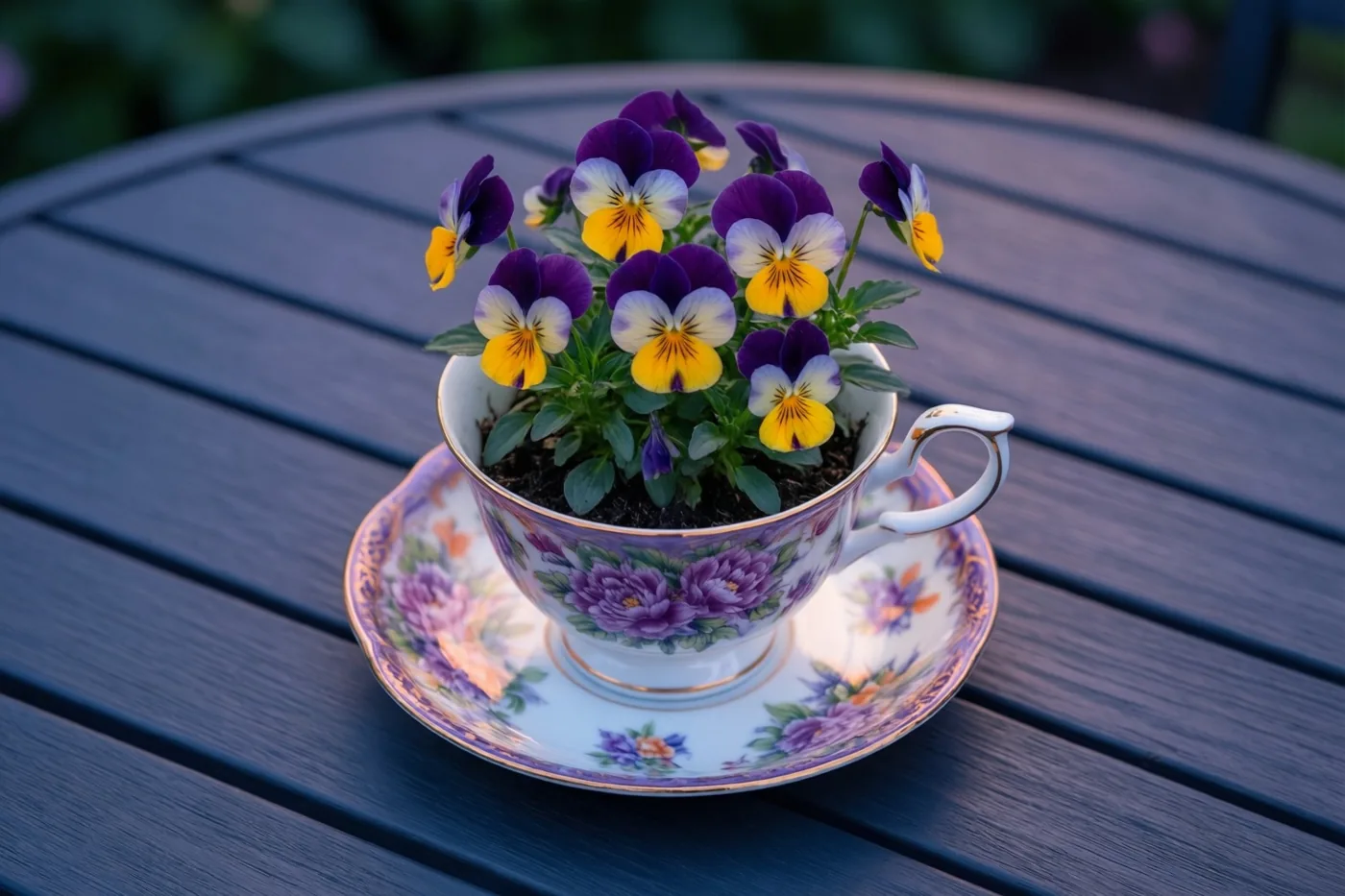Een porseleinen theekop met paarse en gele viooltjes staat op een bijpassend schoteltje op een donkere houten tuintafel in zacht, koel licht.