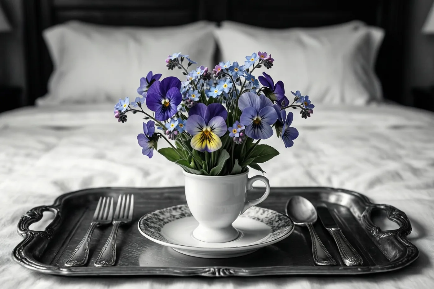 Paarse viooltjes en blauwe vergeet-mij-nietjes staan in een wit eierdopje op een zilveren dienblad met bestek op een bed met witte lakens, tegen een zwart-witte achtergrond.