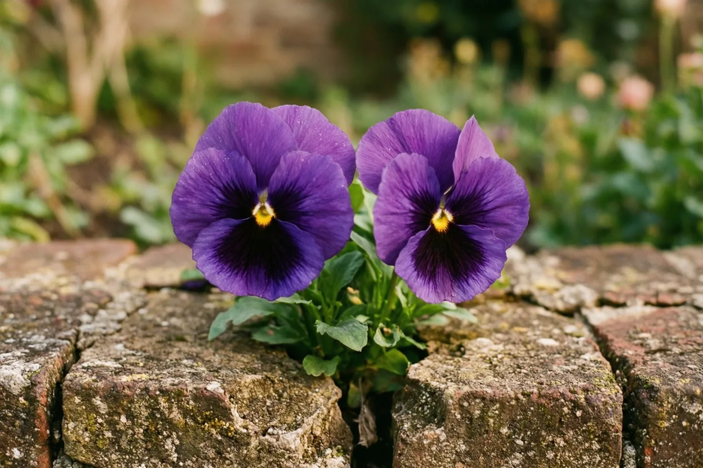 Twee felpaarse viooltjes bloeien naast elkaar uit een spleet in een oude, verweerde bakstenen tuinmuur met een onscherpe tuin op de achtergrond.