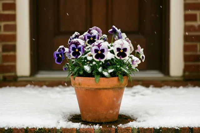 Wintergroeten met viooltjes aan de deur