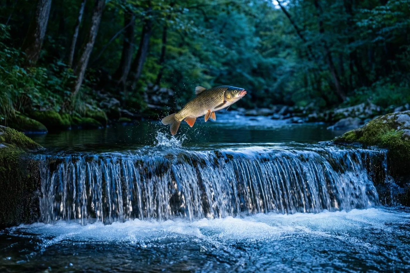 Een vis springt boven een kleine waterval in een bosbeek, omringd door een weelderig bos in koele blauwe en groene tinten.